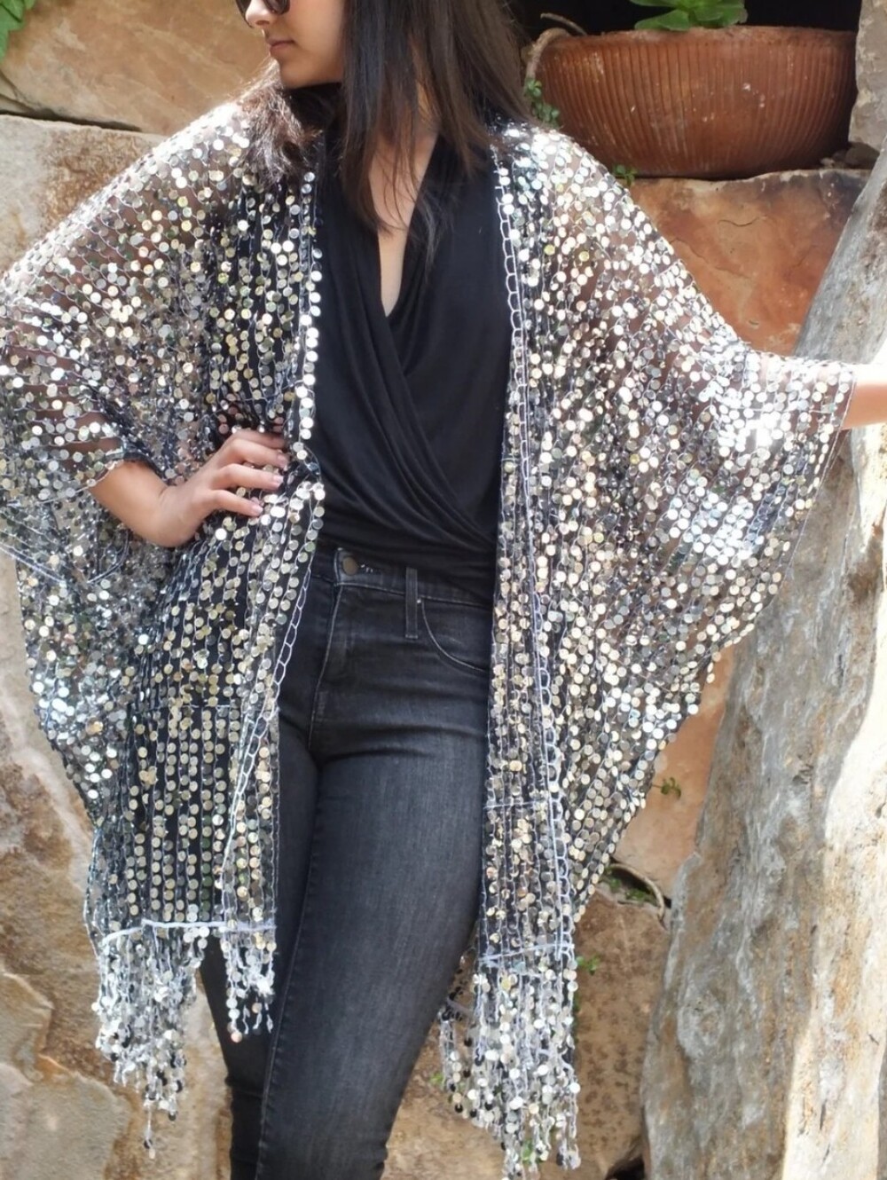 Moddy Sequin Fringe Open-Front Kimono/Kaftan - Silver